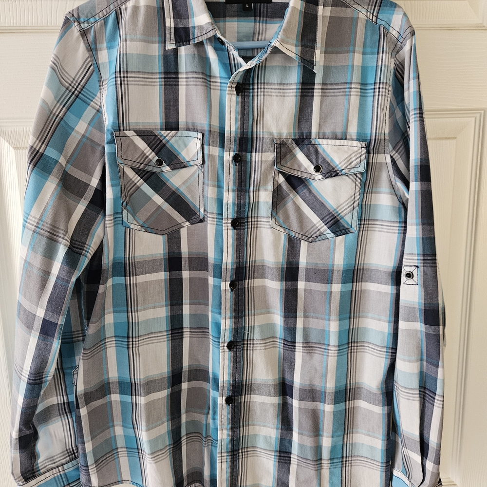 Eighty Eight Men's Casual Plaid Shirt - Blue, Gray, and White